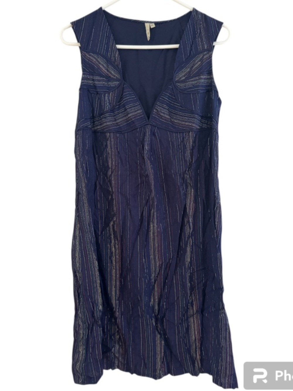 IRO Blue Metallic Threading V Neck Silk A- Line Knee Length Dress Size 42 / XL